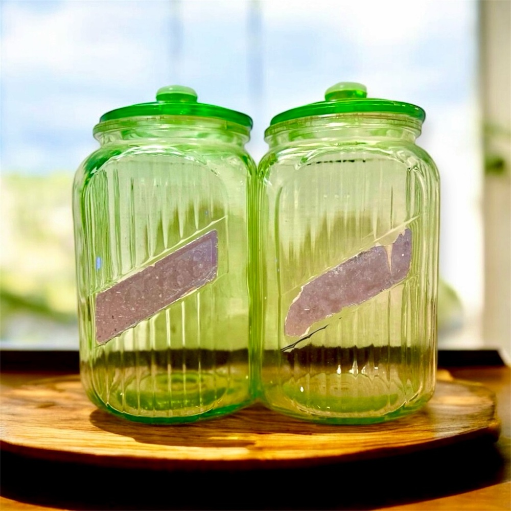 Set of Large 1920’s Uranium Anchor Hocking Glass UV Canisters
